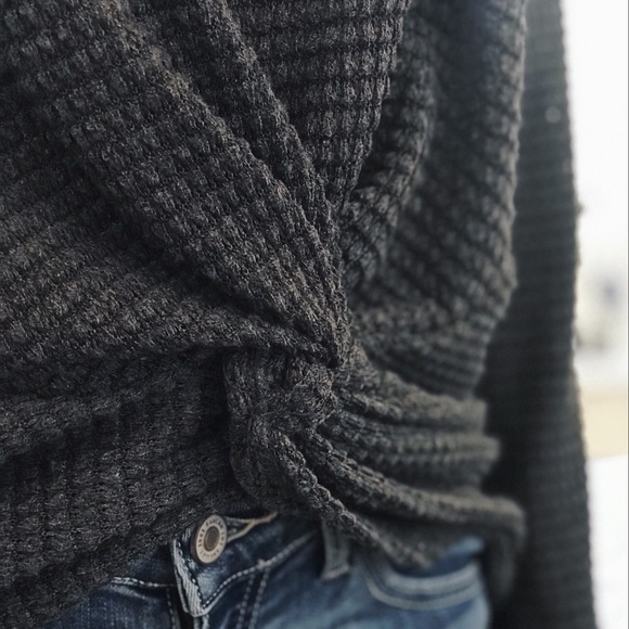 Charcoal Twist Tie Front Top Waffle Knit - Picture 6 of 9